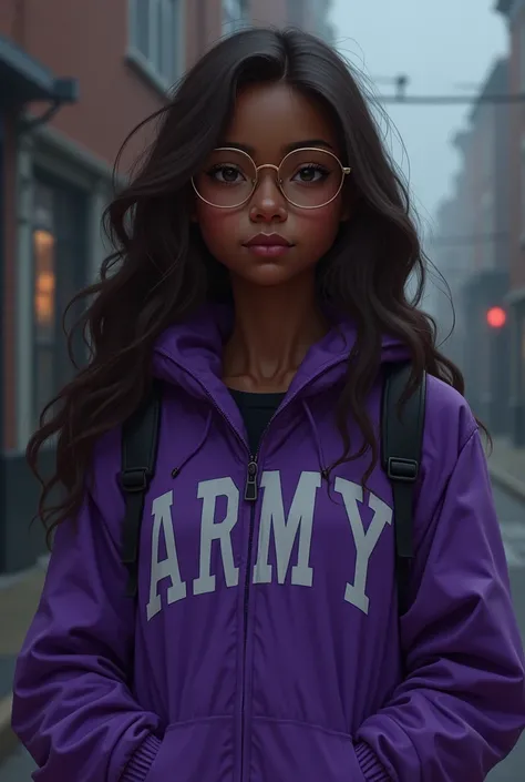 Dark skinned teenage girl with long brown hair and glasses wearing a purple jacket that says ARMY