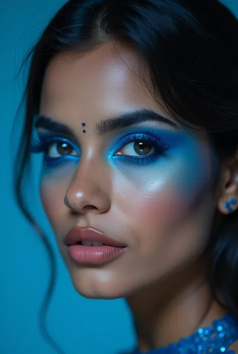 Beautiful indian woman wearing heavy blue makeup