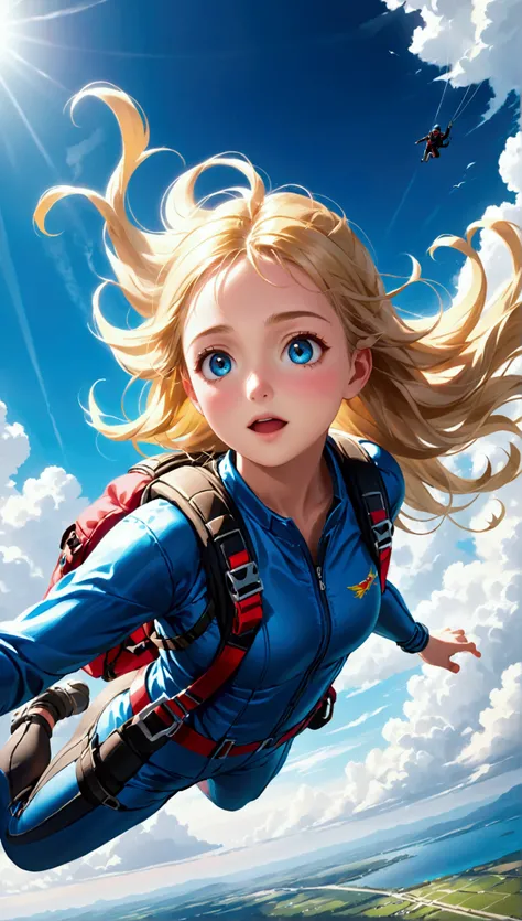 a girl doing skydive, detailed face and eyes, long wavy blonde hair, beautiful girl, adrenaline rush, extreme sports, sky, clouds, blue sky, sunlight, cinematic, dramatic lighting, colorful, vivid, hyper realistic, intricate details, 8k, best quality, mast...