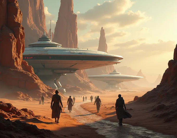 In the style of JeanClaude Mézières, a futuristic base on a planet orbit with spaceships docked to it, people are walking around, J.M.W. Turner, A spaceship coming into dock into a sci fi city at sunset, an epic scene of a desert landscape, a sci-fi depict...