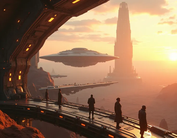 In the style of JeanClaude Mézières, a futuristic base on a planet orbit with spaceships docked to it, people are walking around, J.M.W. Turner, A spaceship coming into dock into a sci fi city at sunset, an epic scene of a desert landscape, a sci-fi depict...