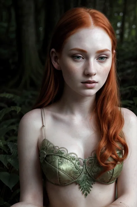 intricate detailed portrait of a beautiful young woman with red hair, delicate facial features, pale skin, sensitive expression, sitting in a lush green forest, dramatic lighting, cinematic composition, mystical atmosphere, fantasy, ethereal, painterly, wa...