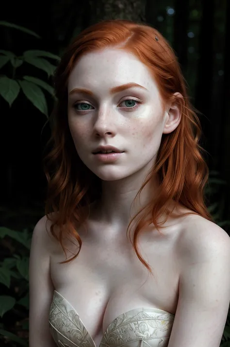 intricate detailed portrait of a beautiful young woman with red hair, delicate facial features, pale skin, sensitive expression, sitting in a lush green forest, dramatic lighting, cinematic composition, mystical atmosphere, fantasy, ethereal, painterly, wa...