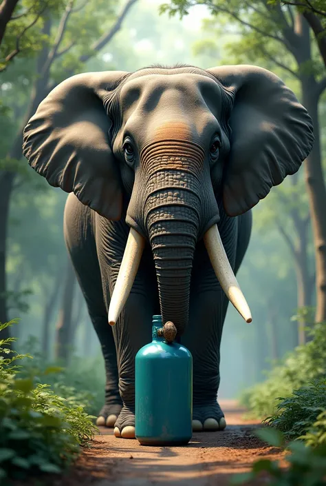 Asian Elephant tusker holding a small blue coloured gas cylinder
