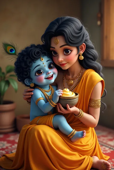 "Create a heartwarming and detailed image of Baby Krishna with his mother, Yashoda. Baby Krishna, a young child with radiant blue skin, curly black hair, and large, expressive eyes, is sitting in his mother’s lap. He has a mischievous smile on his face, ho...