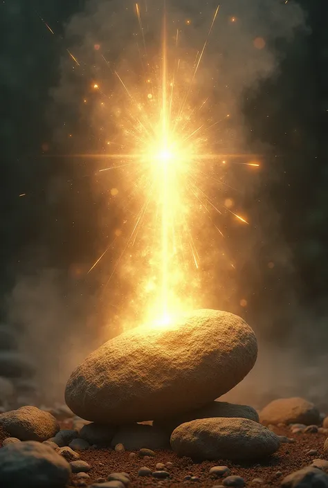 The moment Ram touches the stone: a bright light bursts forth, and the stone begins to transform into a glowing divine entity, with rays of light streaming outward."**