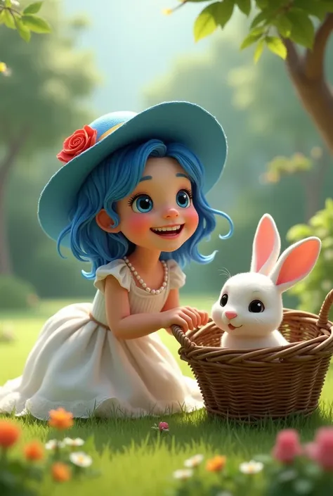 Nineteen blue hat blue girl blue hair 
With a very smiling and happy lip
With an old basket with a white rabbit in it
With a white princess dress and
A pearl necklace with a red rose
He plays with a rabbit in the yard
3Dstyle