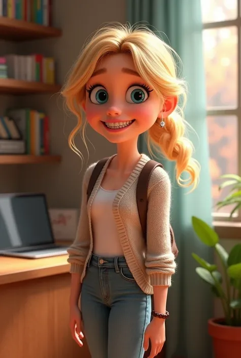 Create what the character Riley from Inside Out 2 would look like if she was in college. Remember that Riley is blonde and wears a ponytail., has braces on his teeth, and light blue eyes