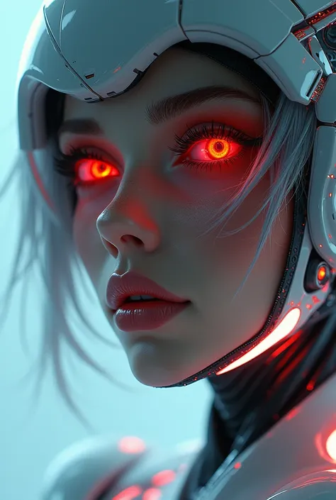 lizzyC1, ((best quality)), ((masterpiece)), (detailed), Midjourney Style, close-up, Woman, 1,robot, red eyes, concept art, inspired by Marek Okon, digital art, Crysis Nanosuit, futuristic, (glowing elements:1.1), 4:3 aspect ratio, dynamic duo，upper body