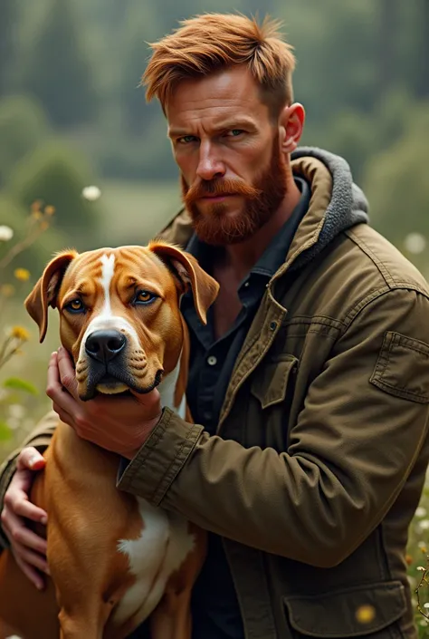 Man with short reddish beard, brown hair holding her golden brown pitbull dog with yellow eyes