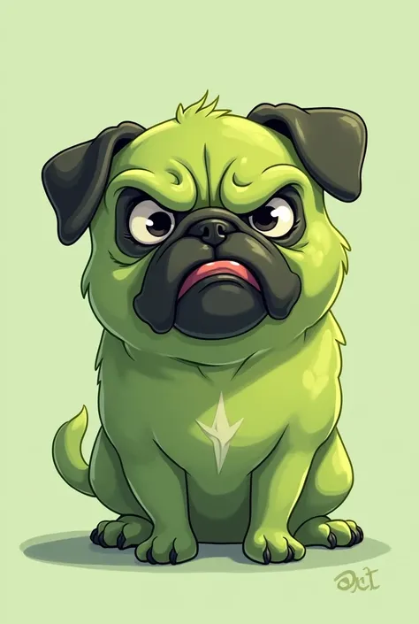 Green pug dog in cartoon form with angry face