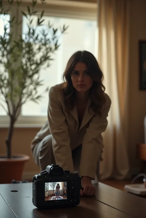 A woman in a room, He is taking a video with a camera on his coffee table with olive trees in the background. While she is crouching
