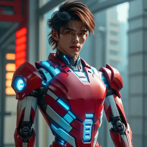 a young 17 year old boy wearing a red and white exoskeleton armor, a robot face on his chest , malaysian mullet hairstyle, detailed face and eyes, highly detailed, 8k, photorealistic, cinematic lighting, concept art, sci-fi. Led light blue.led light robot ...