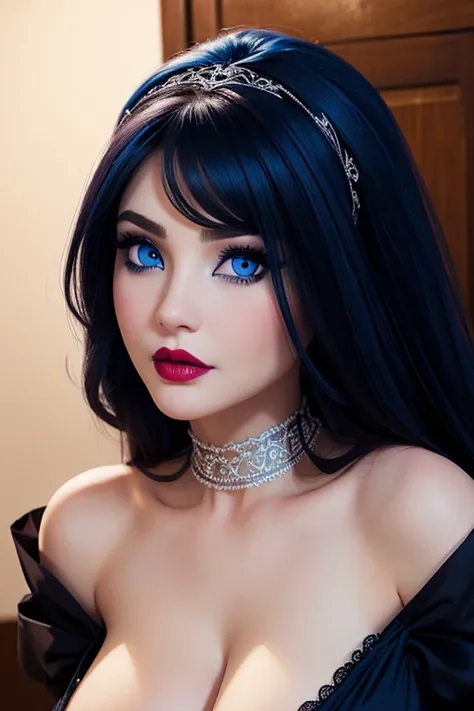 Pretty woman looking at viewer stunning blue eyes white skin eyeliner , gothic makeup thick and voluminous lips, lipstick negro,  big tits and voluptuous, Image 1.2 high resolution 12k NSFW 