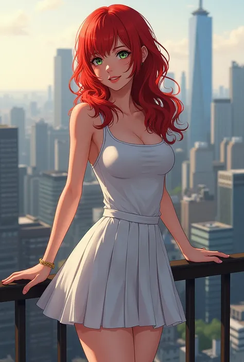 red haired woman in a white miniskirt and tank top, leaning against a balcony railing, overlooking a city