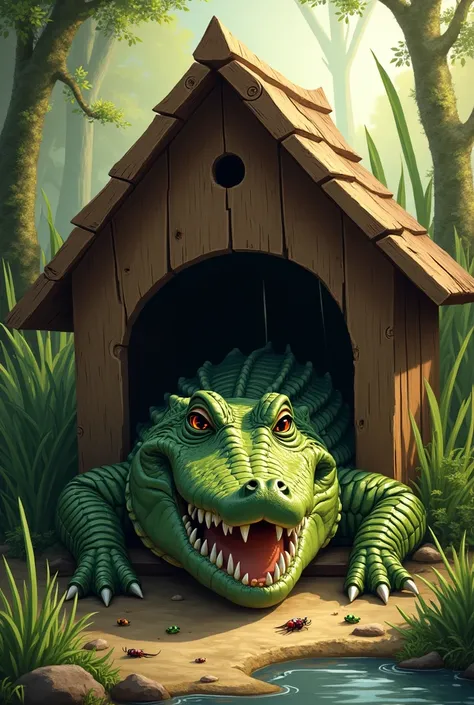 Alligator in dog house
