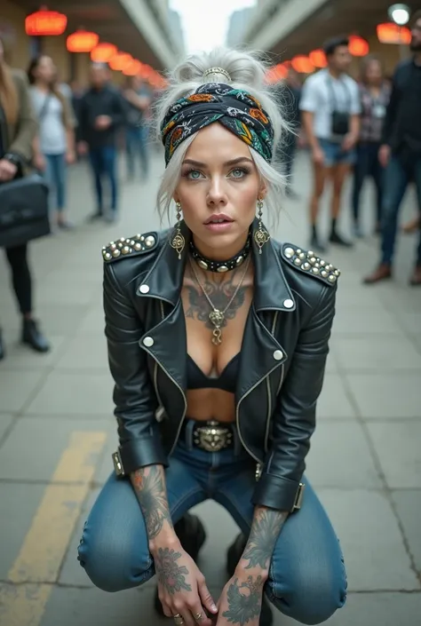 russian milf woman, grey hair (combed back in top bun) and oversize colourful bandana as headband, with very light blue eyes, extremely pale. Wearing expensive studded Burberry black biker jacket with lots of zippers and pins, black push up bra with white ...