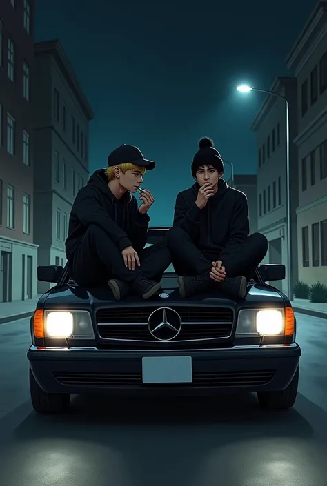 front view of two guys of 1 sitting on each side of a hood of a mercedes black car in an empty citys street at night, one guy is blond with a cap and the other one have dark hair and a beanie, both are dressed in black and smoking a cigarette, drawing styp