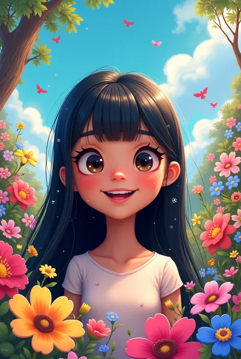 Cartoon, trans girl, light brown skin, neck-length straight black hair, with bangs, with a big smile, flowers, magic, fairy, fun, electronic games