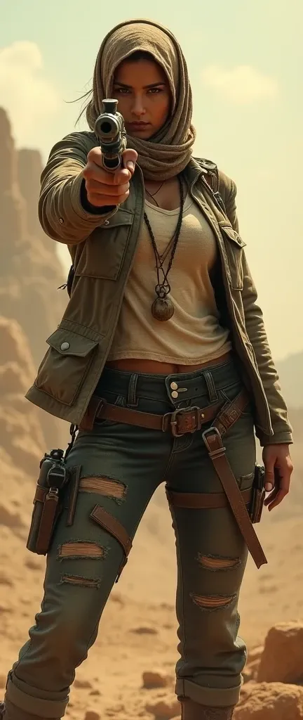 smartphone wallpapper, realistic, post-apokaliptic, woman aiming from automatic riffle to viewer, post-apocaliptic outfit (dirty dark military jeans, high shoes, torn t-shirt, old and dirty jacket, arafat around neck and on head), post-apocaliptic world, w...