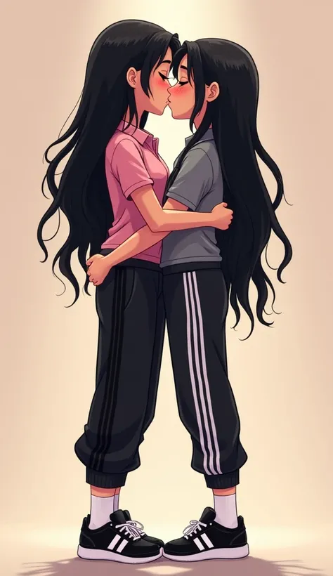 Two girls long black hairs, yuri

The first girl wear a pink polo shirt, black sweatpants with three white stripes, white socks, black and white nike sneakers

The second girl wore a grey polo shirt, black sweatpants with three white stripes, white socks, ...