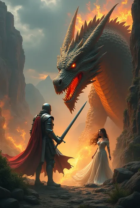 A knight frees a beautiful princess from a dragon