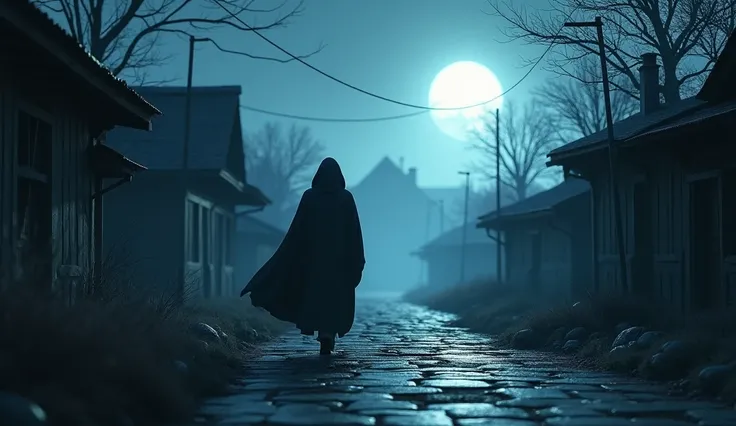 In 3d animation style:**A mysterious figure in a dark cloak**, partially illuminated by the moonlight, walking through the deserted village streets at night.