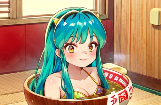 1girl,lum:1, lumlum, girl in the ramen noodles, top quality, A girl soaking in ramen, very smile, Bikini Swimwear,ramengirl:1,ramen bowl, raise leg,naked foot,