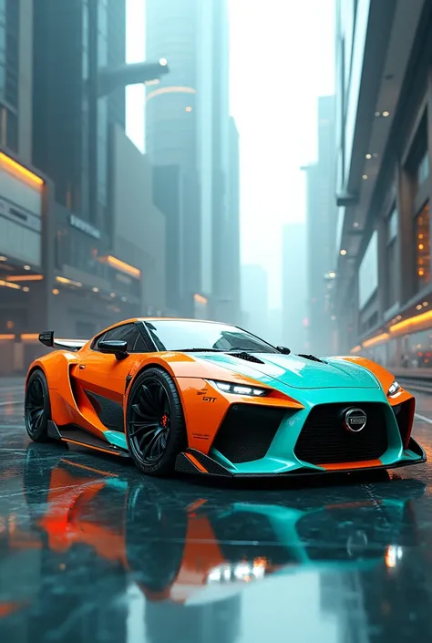 Cyber nisan gtr with orange and teal colour with buildings and shiny floor 