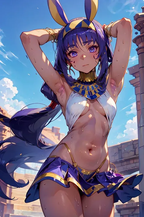 Nitocris、beautiful girl、Raise your hands to show your sweaty armpits、An unparalleled masterpiece, 4K, (Highest quality:1.2), (Very detailed:1.2), Detailed Shadows,, Day光, Day, Outdoor, Are standing, Spread your armpits