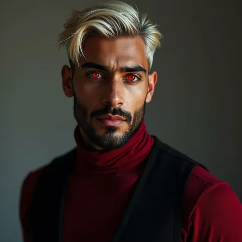 Photograph headshot of a very tall Arab-Egyptian featured male model, short layered textured platinum blond wavy swept back hair, long black stubble, lithe body, brown skin, vibrant red eyes, tall toned body. Professional expression. Wearing dark red and b...