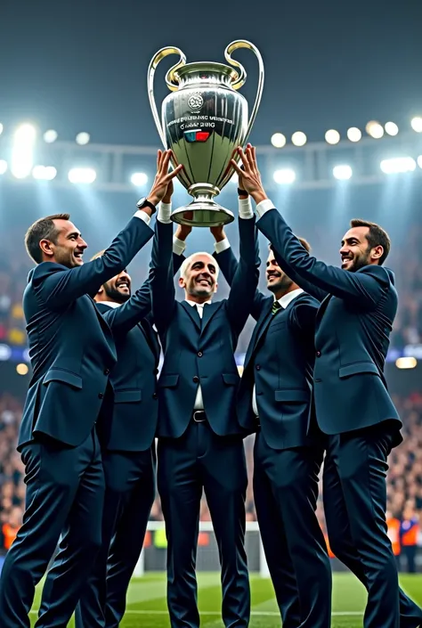 5 guys in suits holding the champions league trophy 