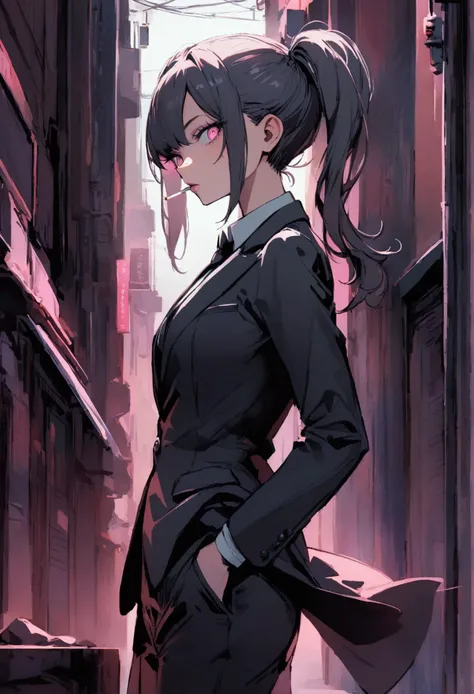 a woman in a suit, looking down at viewer with sharp eyes, she is smoking a cigarette, hands are in the trouser pocket, beautiful, pink eyes, white long twintail hair, side view