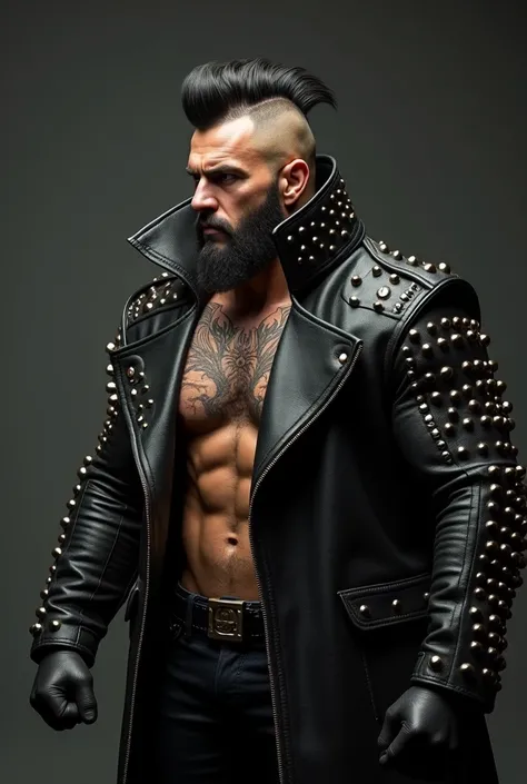 a side view of a muscular man in a long black sleeved leather coat full of metal studs and the massive, tall high collar turned up covering the sides of his face, detailed facial features, extremely detailed muscular physique, chest hair, hairy chest, masc...