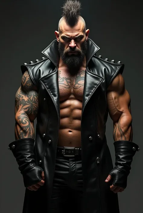 a side view of a muscular man in a long black sleeved leather coat full of metal studs and the massive, tall high collar turned up covering the sides of his face, detailed facial features, extremely detailed muscular physique, chest hair, hairy chest, masc...