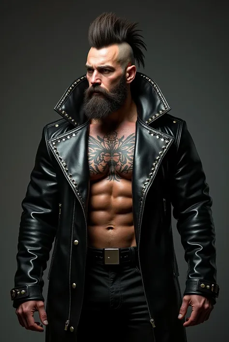 a side view of a muscular man in a long black sleeved leather coat full of metal studs and the massive, tall high collar turned up covering the sides of his face, detailed facial features, extremely detailed muscular physique, chest hair, hairy chest, masc...