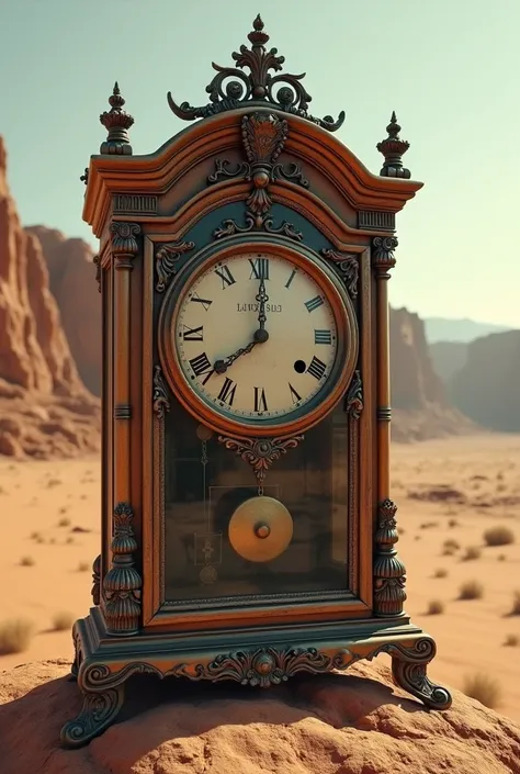 Image of condemned time on an old but beautiful clock with a background that shows that it is from a very old time, with a desert background