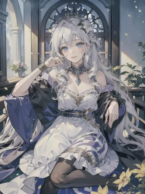 ((Highest quality)), ((masterpiece)), (detailed), Detailed face、Faintly shiny white hair、Long Wavy Hair、curly hair、The forehead is protruding、Curly long hair、Lapis Lazuli Eyes、Aristocratic Dress、clear、Pitiful、One person、beautiful girl、human、One person、flow...