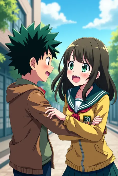 A brown haired girl with green locks and green eyes happy in MHA uniform is laughing with Izuku Midorya from My Hero Academia 


