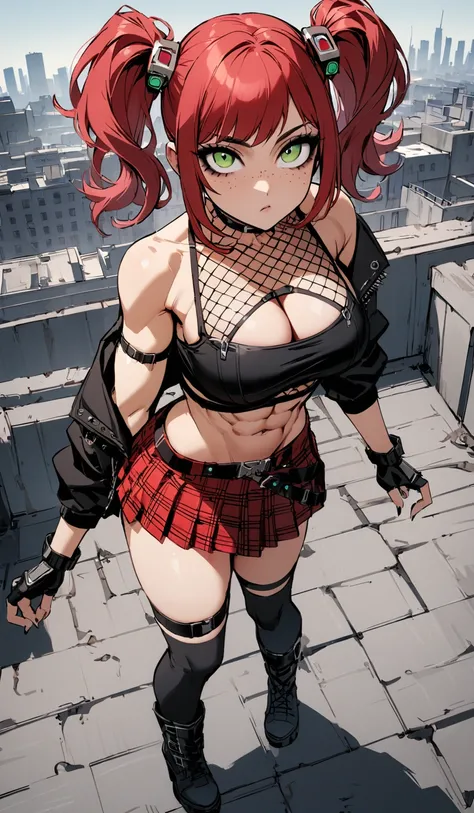 woman, stoic, curly red hair in pig tails, green eyes, black eyeshadow, wearing crop top black shirt, long black jacket, red plaid skirt, black knee high boots, black fingerless gloves, exposed shoulders, large breasts, freckles, abs, cleavage, looking up ...