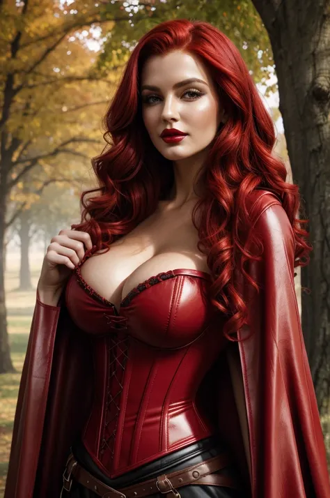 red leather corset+ red cloak, in front of a majestic tree, vibrant colors. wavy red hair, cleavage, detailed face with bright red lipstick, 