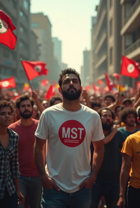 Guilherme Boulos with MST t-shirt and crowd protesting