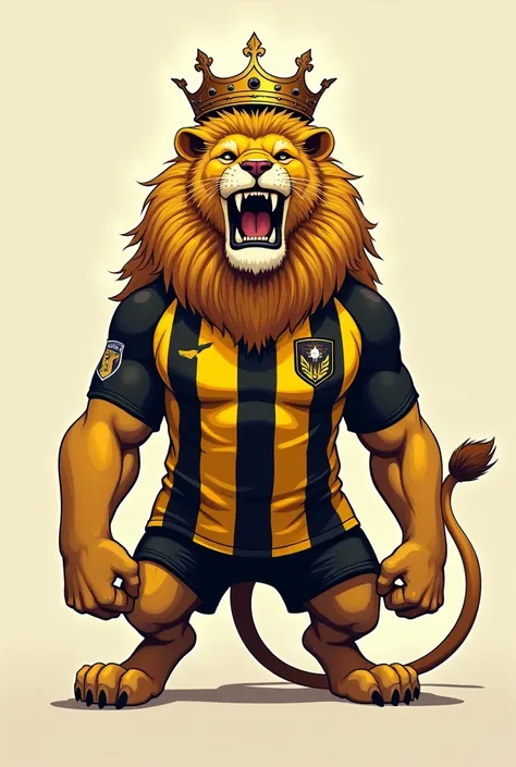 Angry lion with king crown wearing yellow and black striped Peñarol football shirt horizontal 
