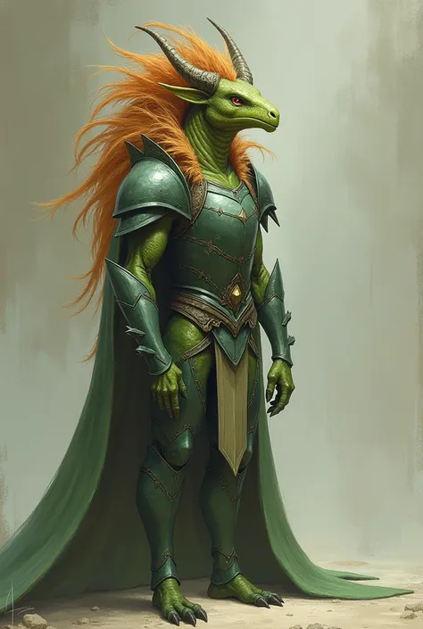 Draconid humanoid male, dull and light green color. Her body has a fine shape, with delicate features. Tailless and dressed in armor. Long-crested, varying between semi-fur and spines, with a pair of very small horns. The color varies between ochre and ter...