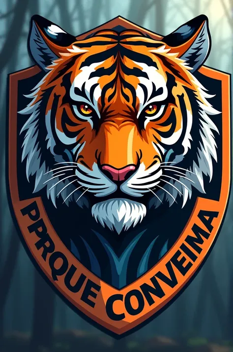 create a team shield with the face of a Siberian tiger with the name around it written PARQUE CONVEIMA