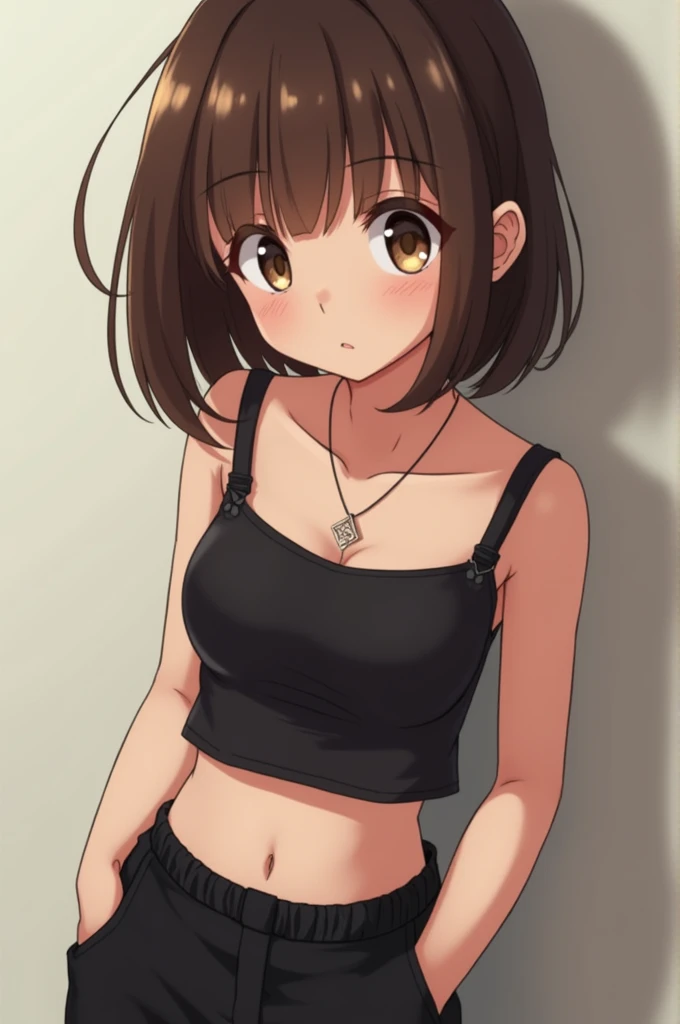 Anime woman brown eyes short brown hair black clothes black shorts a necklace 