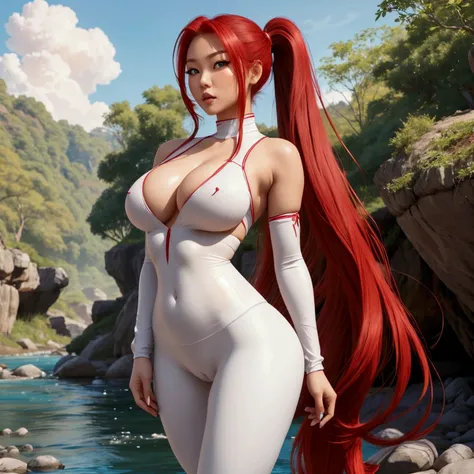 A frontal full view of a standing  and sexy beautiful female asian, long red hair in a pony tail, green eyes, skin tight white colored blouse, perky breasts, tight red leggins, full body, majestic curves, a natural river scene background