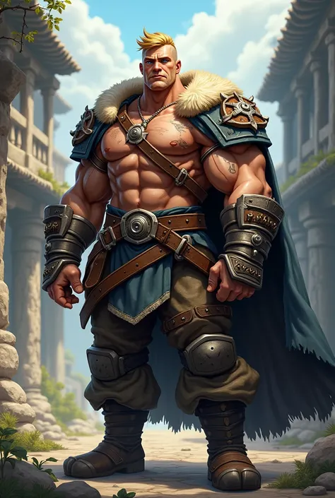 27 year old, 1,83 blond, blue colored eyes, Cao Cao, chunky, There is a very large scar on the neck, short blonde hair, gray eyes, athetic body but not too big and realistic cartoon style for an rpg