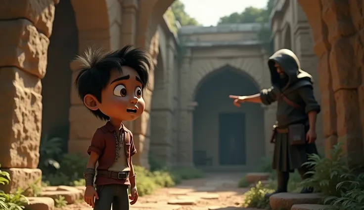  In 3D animation style:**Ramesh standing in front of the ancient, dilapidated ruins**, his face filled with fear and curiosity, with the mysterious man silently pointing towards the hidden treasure.