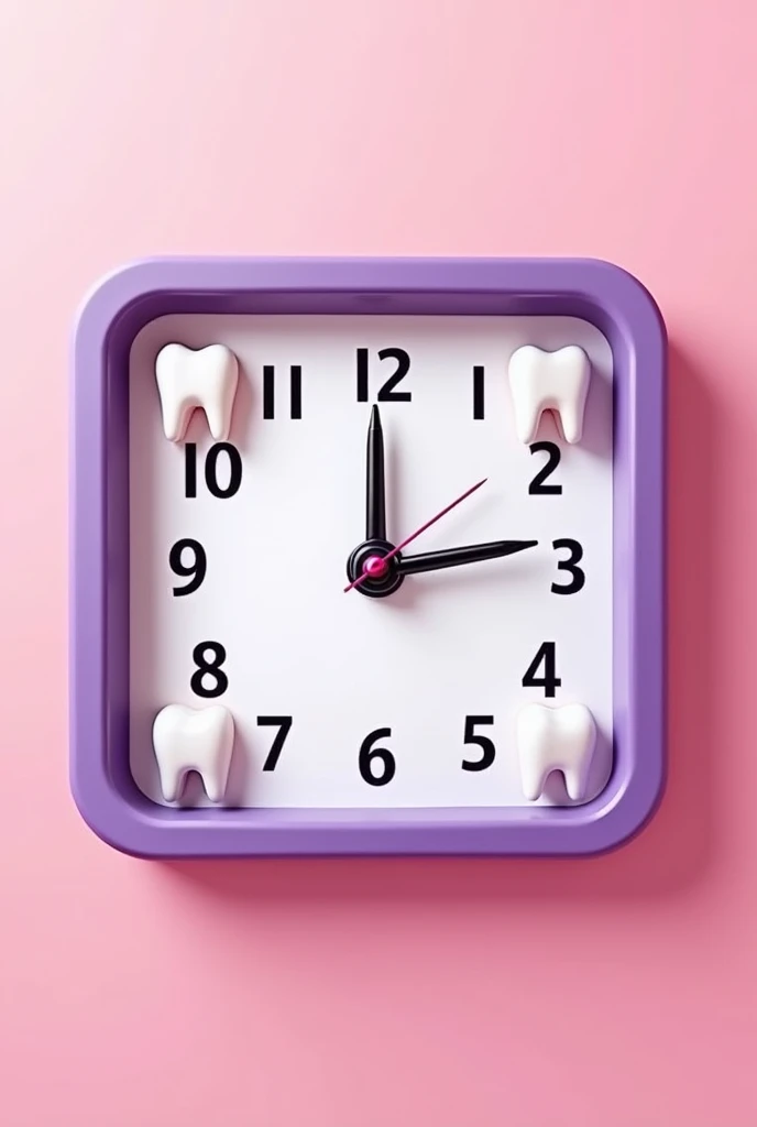 A clock with a pink background and a purple frame with animated teeth between numbers (a background for a dental page)
